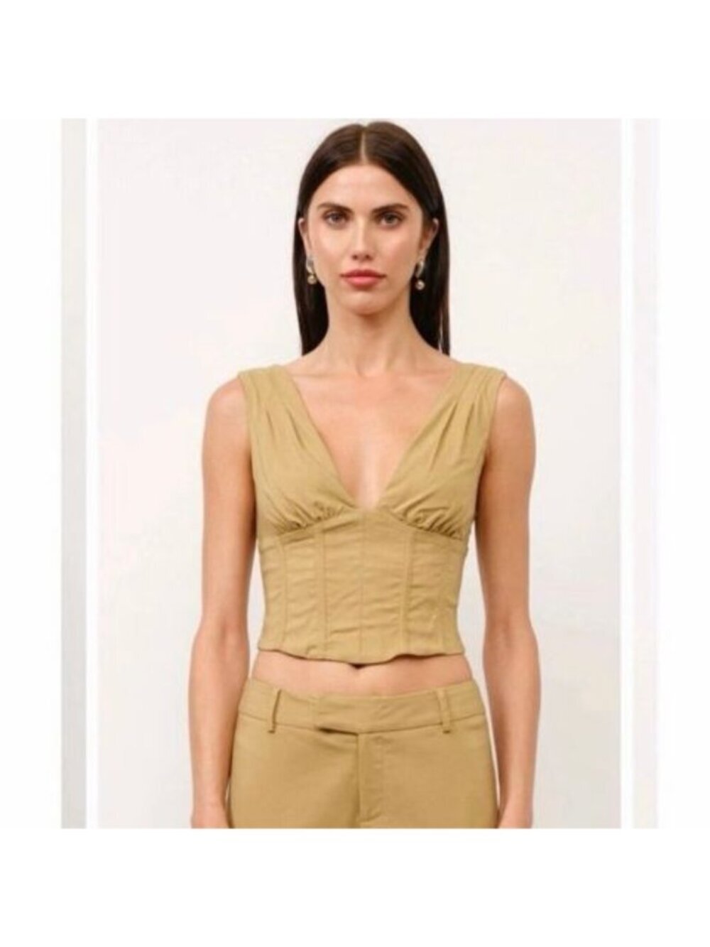 Loucia Tan Deep V Corset Crop Top Sleeveless Bustier Beige Size Small